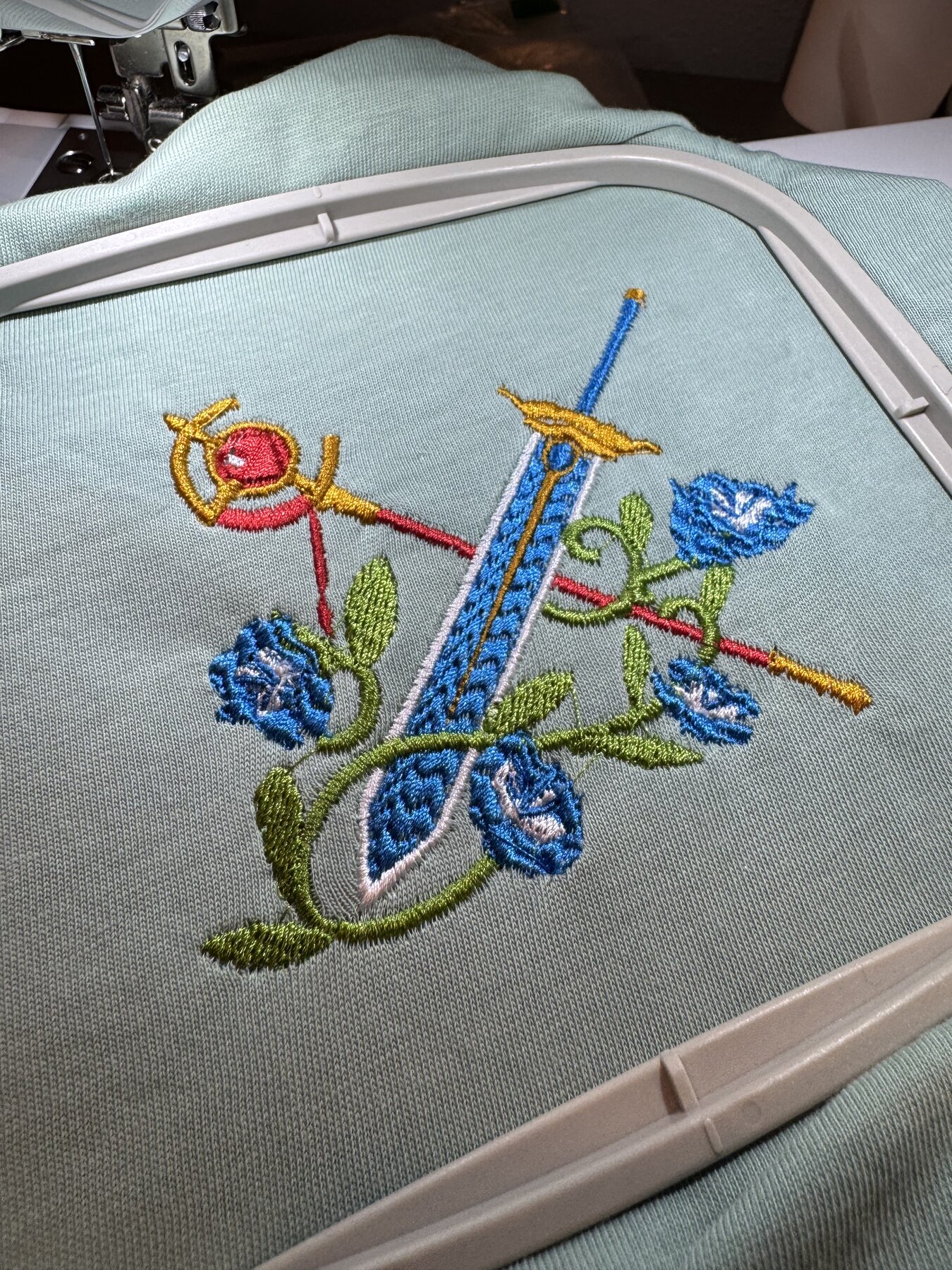 Close-up of a colorful anime-style character portrait embroidery